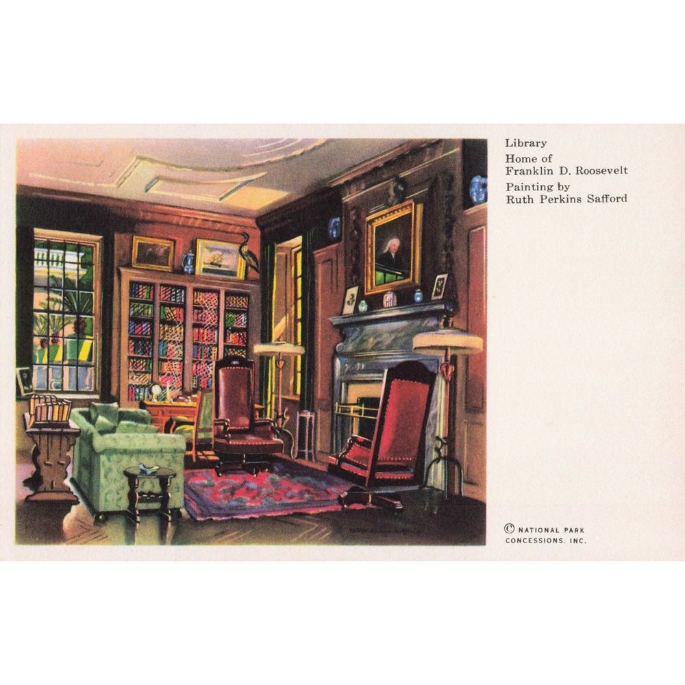 Hyde Park NY Franklin D Roosevelt Home Library Postcard Ruth Perkins Safford